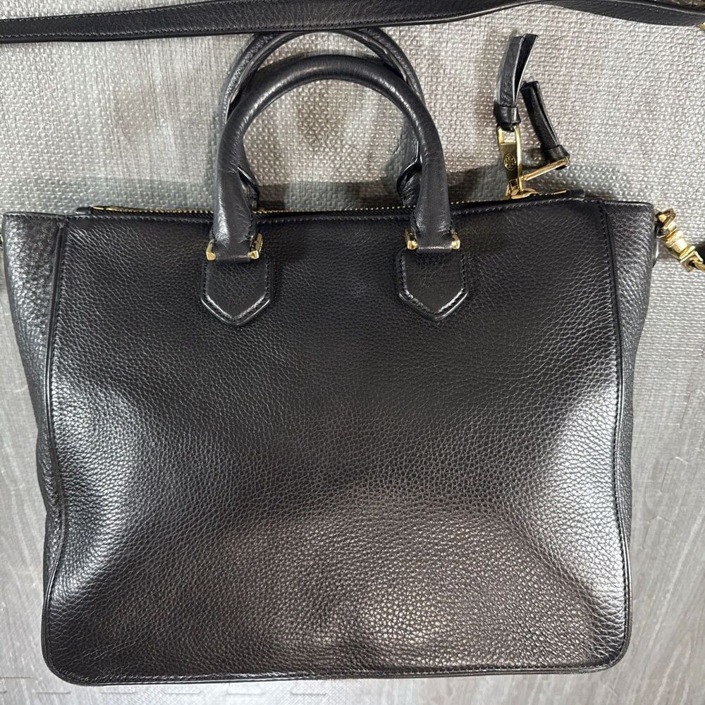 Tory Burch Robinson Pebbled Black Leather Satchel Tote Handles Strap - Picture 3 of 15